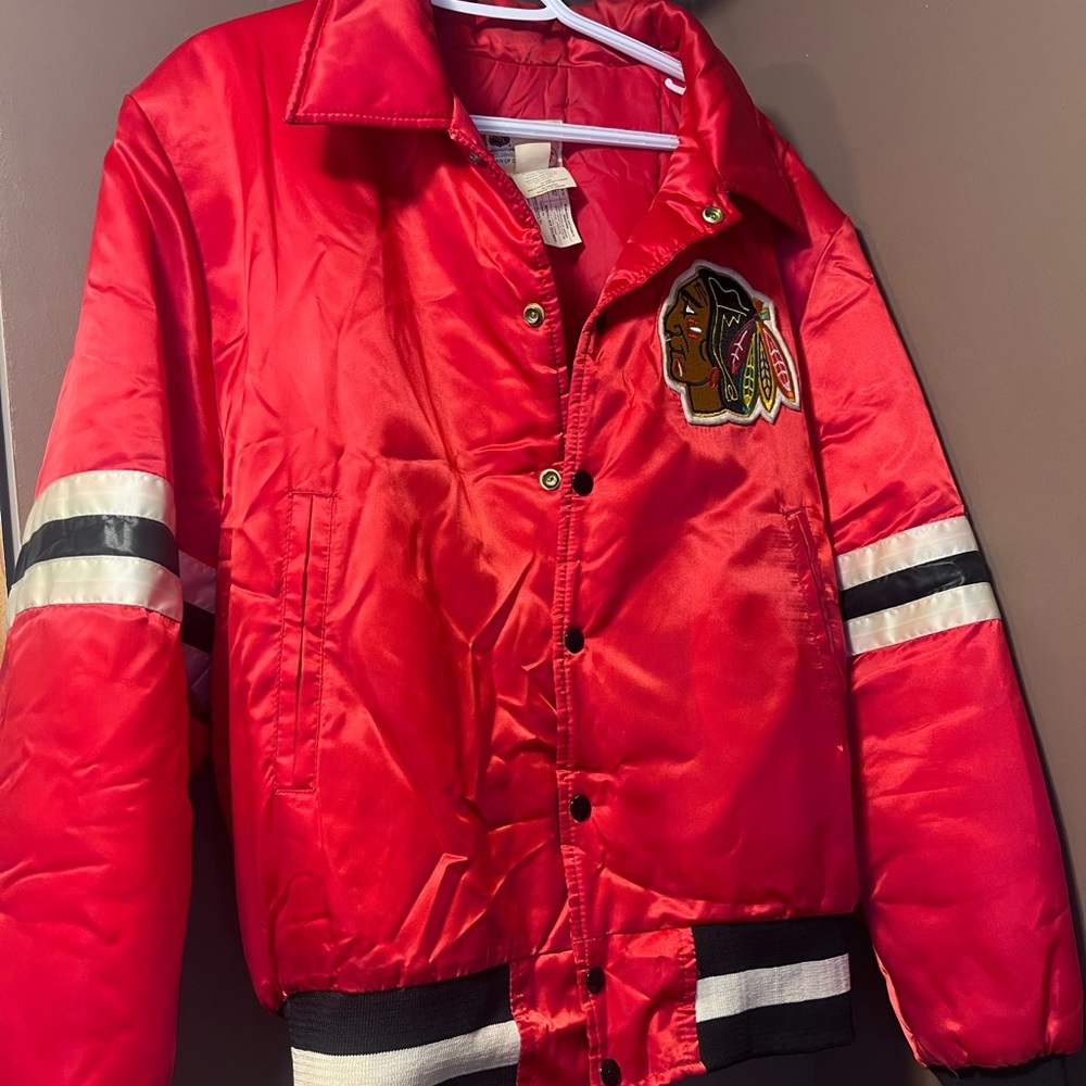 Vintage Chicago Blackhawks 80’s Bomber Jacket NHL Hockey Satin Shain Canada XL